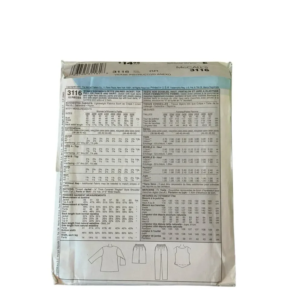 McCalls‎ 3116 Sewing Pattern Uncut Plus Size 18W-42W Jacket Top Pants Skirt